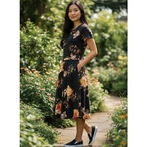 Pretty Young Thing Dark Academia Floral Jersey Stretch Fit N Flare Dress Size M